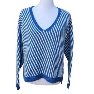 Dr. Bloom Diagonal Striped Sweater Blue White V-Neck Cotton Blend